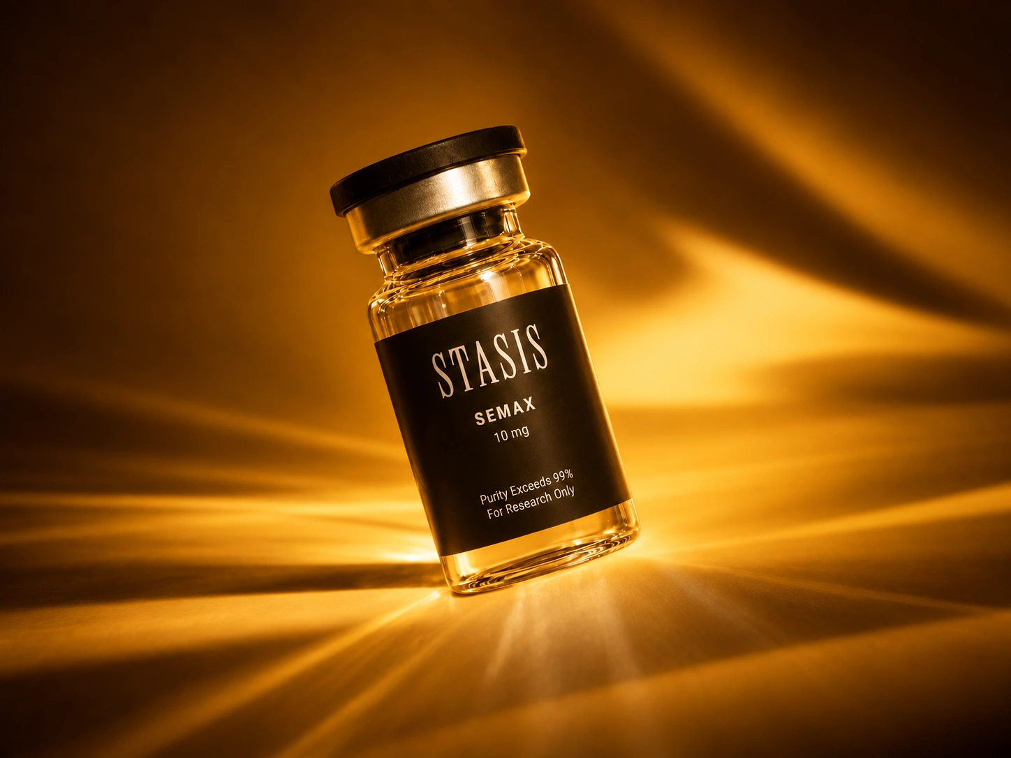 Vial de Semax de Stasis iluminado por rayos dorados