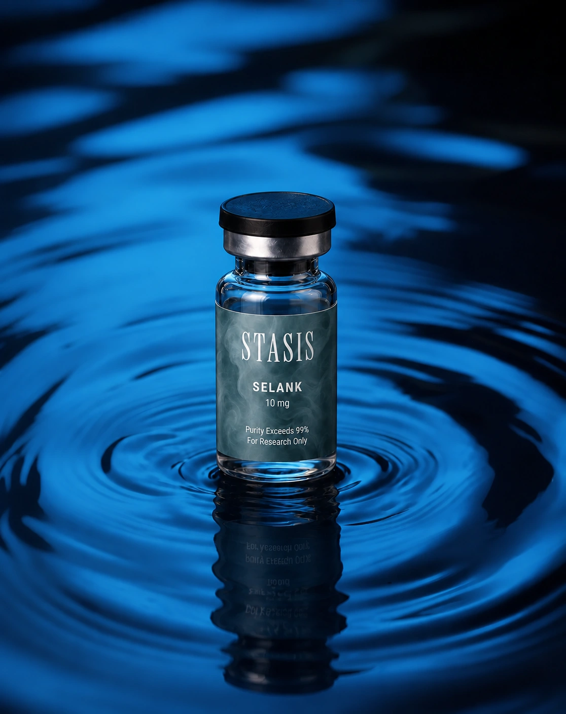 Vial de Selank de Stasis rodeado de ondas de agua azul